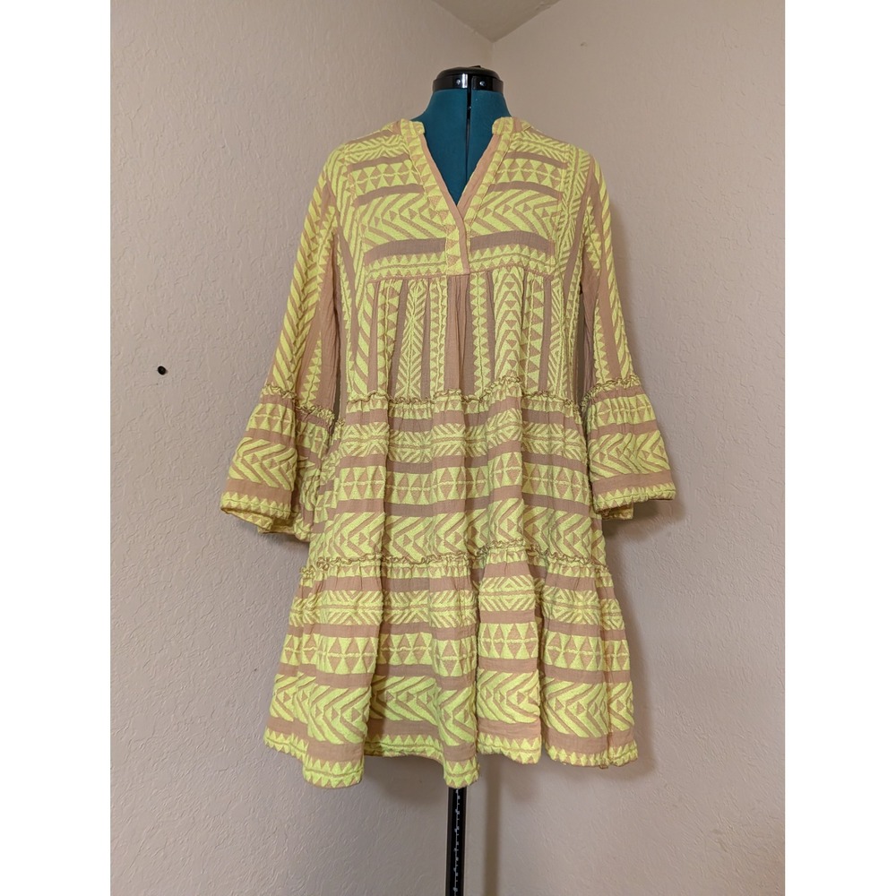 Devotion Twins Ella Mini Dress Tan Neon Yellow Geometric Greek Cotton‎ Small